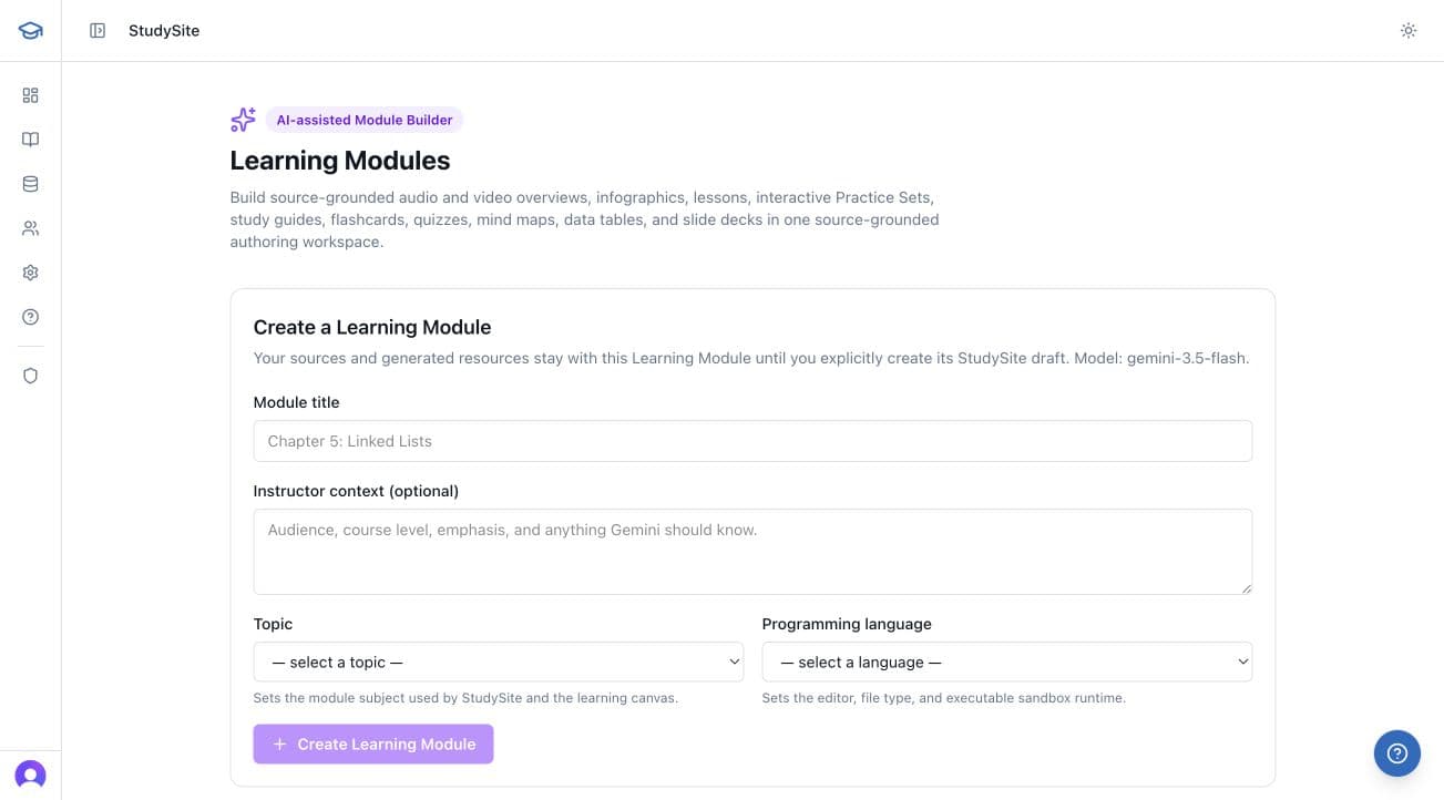 StudySite Learning Modules authoring workspace for source-grounded course materials